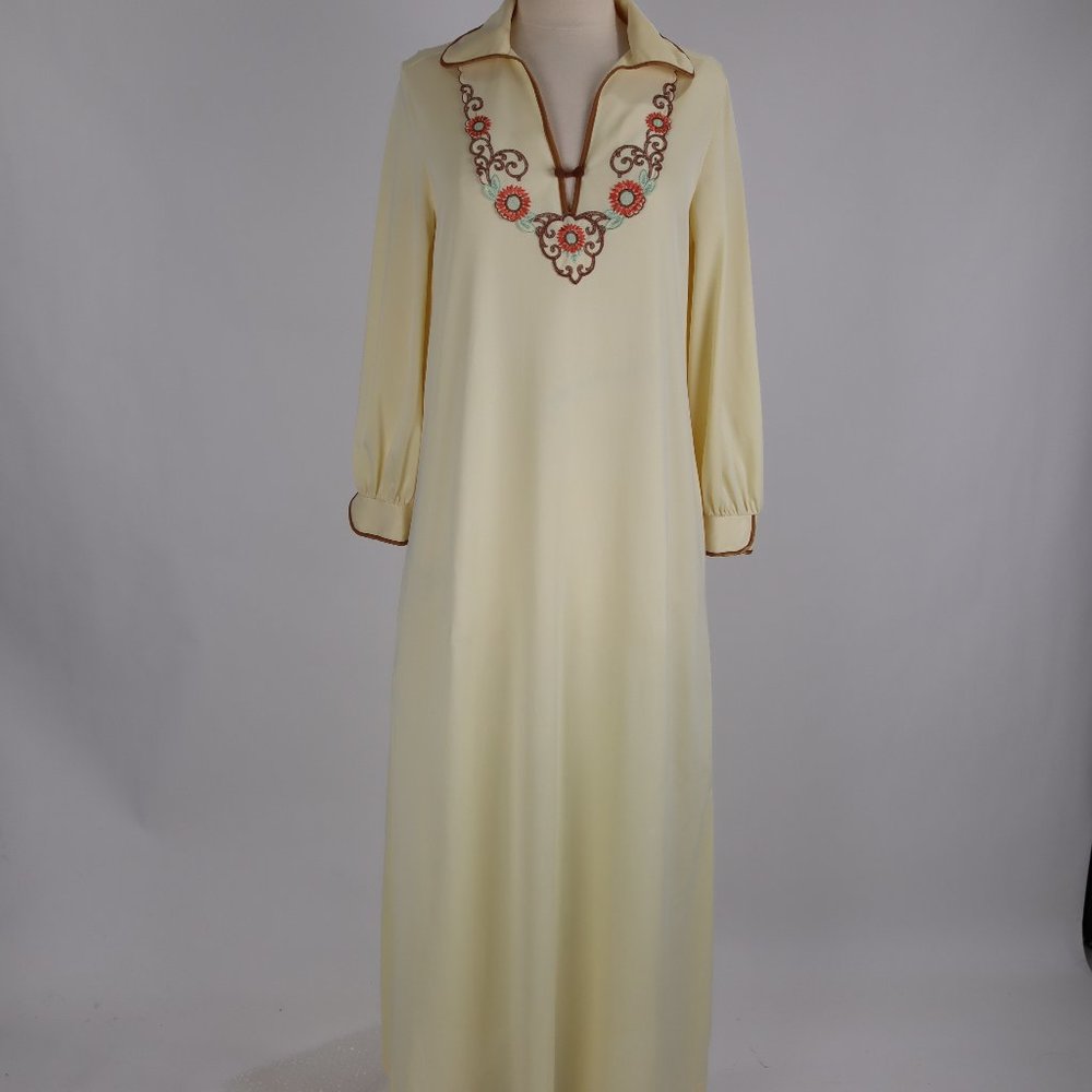 ❄️ Vtg Gossard Mustard Embroidered Boho Hippie Caftan Nightgown Lounger Dress